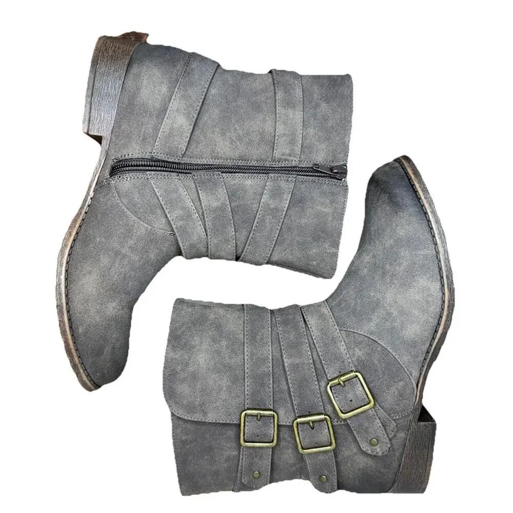 JustFab Ankle Boots Grey Womens 8.5 M Burnished Gray Black Straps Buckles